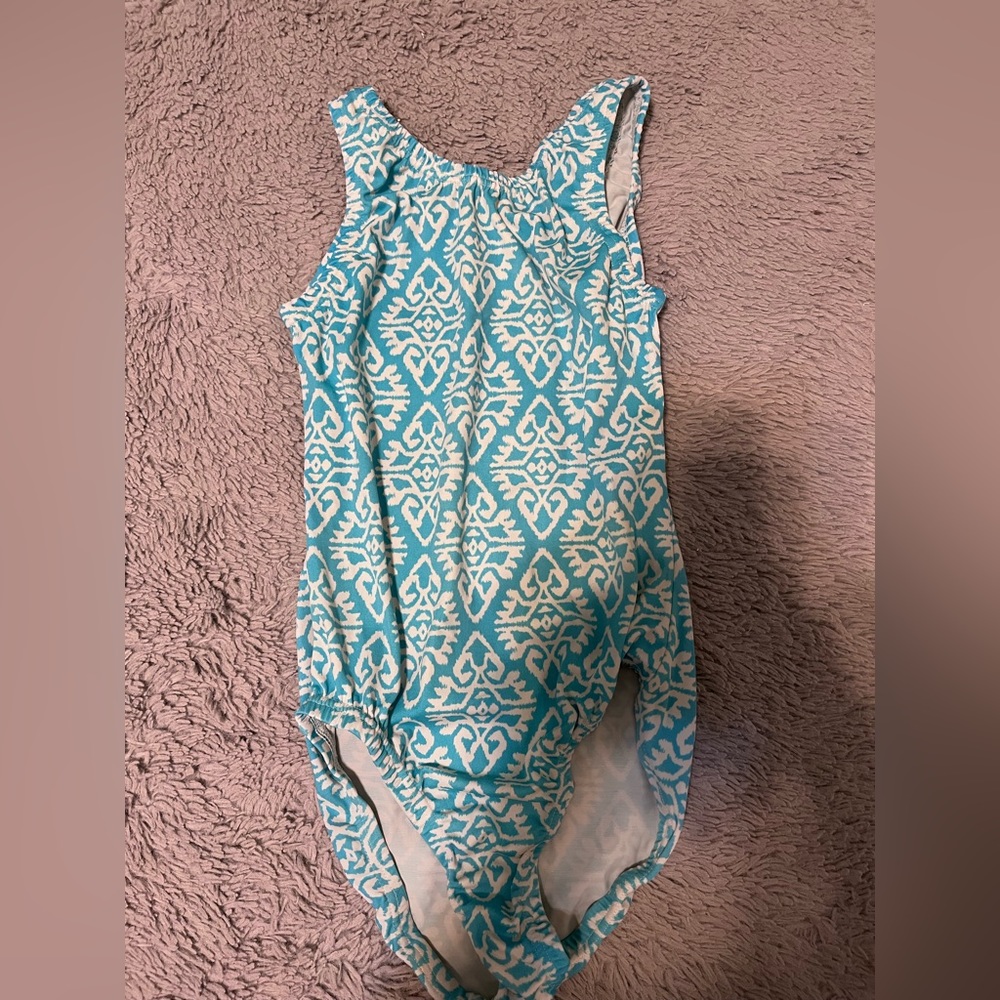 Girls gymnastics leotard, Garland activewear CL, Blue and white pattern.